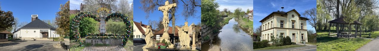 Bannerbild mit Motiven aus Drosendorf: Kirche, Osterbrunnen, Kreuzigungsgruppe, Bach, alte Schule, Rastplatz am Radweg